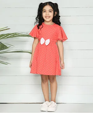 Lilpicks Couture Half Sleeves Polka Dots Print Dress - Peach