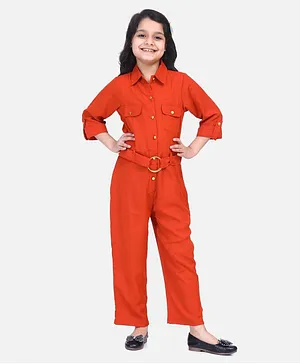 Lilpicks Couture Three Fourth Sleeves Ringed Band Solid Jumpsuit - Orange