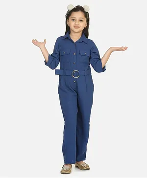 Lilpicks Couture Three Fourth Sleeves Ringed Band Solid Jumpsuit - Blue