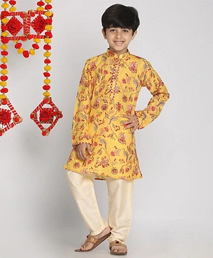 Vastramay Full Sleeves Ethnic Floral Print Kurta With Pajama - Mustard