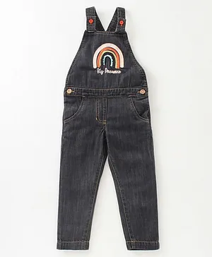 Jus Cubs Sleeveless Denim Dungarees With Chest Emboridery Work Bio Washed - Black