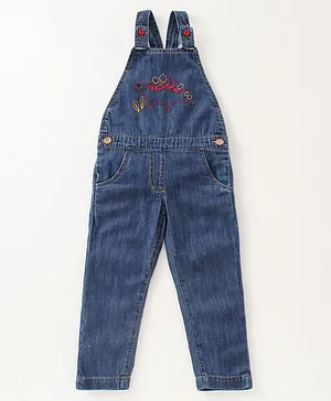 Jus Cubs Sleeveless Denim Dungarees With Chest Emboridery Work Bio Washed - Dark Blue