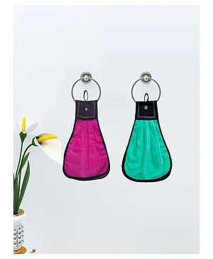 Athom Living Loop Hanging Cotton Washbasin Napkin Hand Towel For Kitchen and Bathroom Pack Of 2- Green & Pink