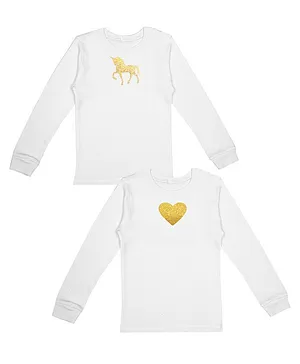 D'chica Set Of 2 Full Sleeves Unicorn & Heart Print Thermal Tops - White