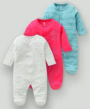 I Bears Full Sleeves Striped Sleep Suits Bear Print Pack of 3 - Off White Pink Blue