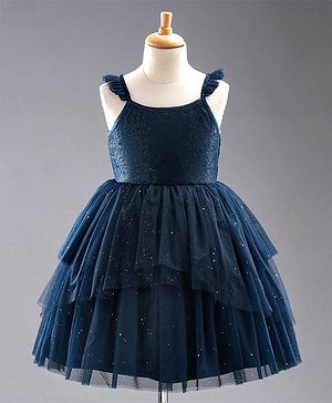 Babyhug Sleeveless Frilled and Layered Sequined Party Dress - Navy Blue