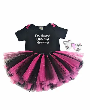 TINY MINY MEE Half Sleeves Bow Applique Text Print Body Suit And Headband With Sequin Embellished Tutu Style Skirt - Black