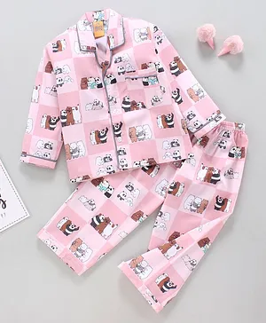 Yellow Duck Full Sleeves Night Suit Panda & Bear Print - Light Pink