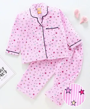 Yellow Duck Full Sleeves Pyjama Set Stars Print - Pink
