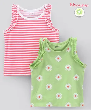Honeyhap 95% Cotton 5% Elastane   Anti-Microbial  Finish Sleeveless Striped Tees Floral Print Pack of 2 - Coral Green