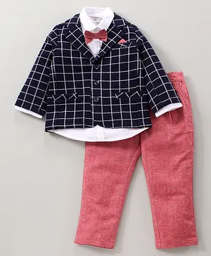 ToffyHouse Party Wear Full Sleeves Shirt & Trouser With Checks Blazer Bow - Navy Blue Red White