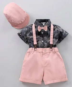 ToffyHouse Half Sleeves Shirt and Shorts Set with Suspender & Cap Camo Print - Pink