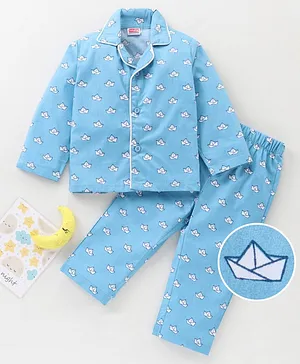 Babyhug Full Sleeves Shirt & Pyjama Set Boat Print - Blue