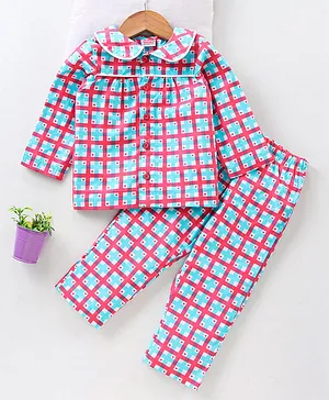 Babyhug Woven Pyjama Set Nightwear Checked Print - Blue Pink