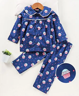 Babyhug Woven Pyjama Set Nightwear Cup Cake Print - Blue