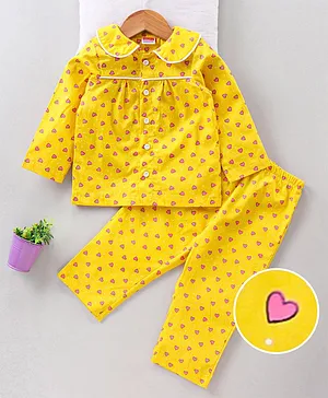 Babyhug Woven Pyjama Set Nightwear Heart Print - Yellow