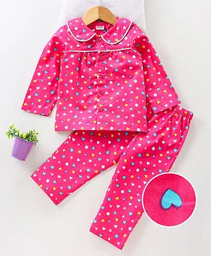 Babyhug Woven Pyjama Set Nightwear Heart And Star Print - Pink