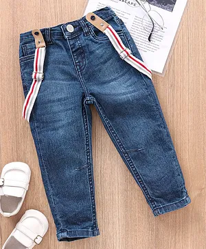 Babyhug Full Length Washed Jeans With Suspender - Blue