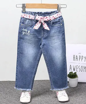 Babyhug Full Length Denim Washed Jeans With Floral Printed Belt - Blue