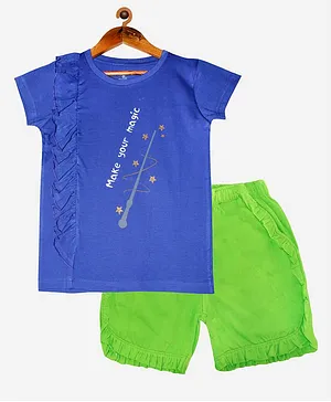 Kiddopanti Half Sleeves Frill Detailing Magic Text Print Tee And Solid Shorts Set - Royal Blue And Light Green