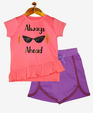 Kiddopanti Half Sleeves Frill Detailing Look Ahead Text Print Tee And Taped Hem Shorts Set - Pink And Purple