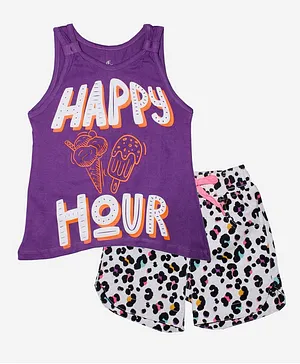 Kiddopanti Sleeveless Happy Hour Ice Cream Print Tee And Animal Print Hot Shorts Set - Purple And Light Grey
