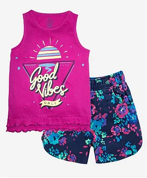 Kiddopanti Sleeveless Frill Detailing Good Vibes Text Print Tee And Floral Print Hot Shorts Set - Purple And Navy Blue