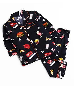 KOOCHI POOCHI Netflix Print Full Sleeves Night Suit - Black