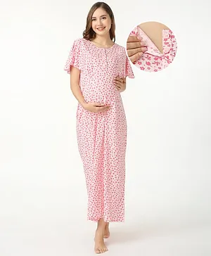 Bella Mama Half Sleeves Cotton Maternity and Nursing Nighty Floral Print - Pink
