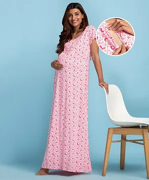 Bella Mama Half Sleeves Cotton Maternity and Nursing All Over Printed Nighty - Pink