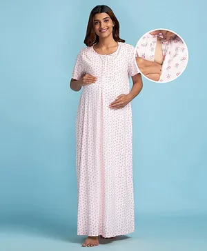 Bella Mama Half Sleeves Cotton Maternity and Nursing Nighty Printed - Pink