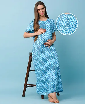 Bella Mama Half Sleeves Cotton Maternity and Nursing Nighty Printed  - Blue