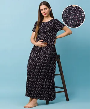 Bella Mama Half Sleeves Cotton Maternity and Nursing Nighty Floral Print - Black