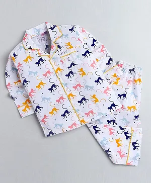 KOOCHI POOCHI Animal Monkey Print Full Sleeves Night Suit - White