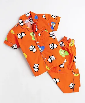 KOOCHI POOCHI Half Sleeves Panda And Friends Print Unisex Night Suit - Orange