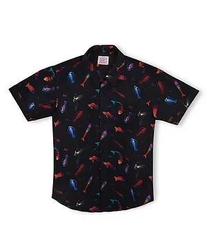 KOOCHI POOCHI Half Sleeves Fish Print Shirt - Black