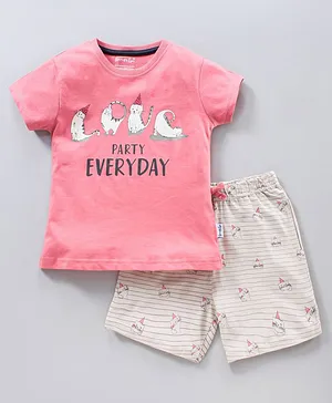 Sleepy Eyes Half Sleeves Top & Shorts Kitty Print - Light Pink & Off White