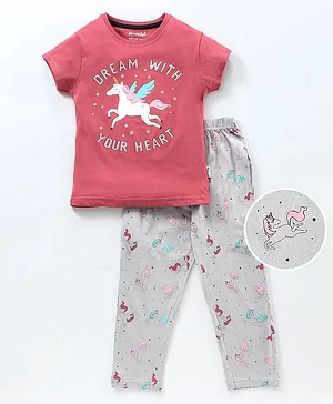 Sleepy Eyes Half Sleeves Night Suit Unicorn Print - Dark Pink Light Grey