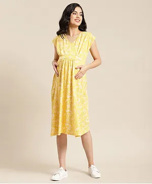 Bella Mama Half Sleeves Maternity Dress Leaf Print - Yellow