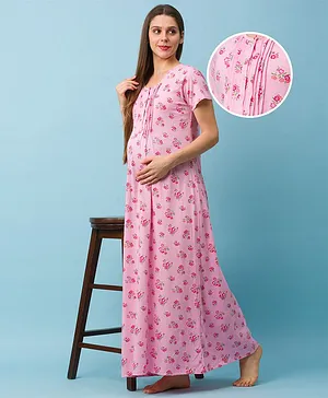Bella Mama Half Sleeves Maternity & Nursing Nighty Floral Print - Pink