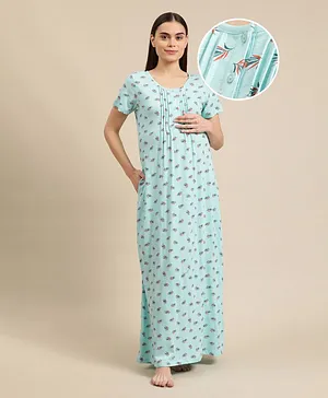 Bella Mama Half Sleeves Maternity & Nursing Nighty Leaf Print - Aqua Blue