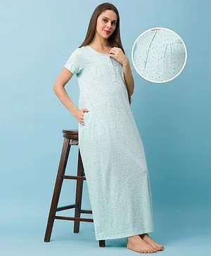 Bella Mama Half Sleeves Maternity & Nursing Nighty Dot Print - Light Blue