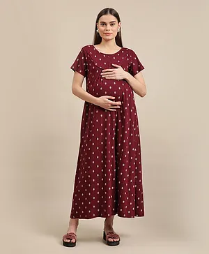 Bella Mama Half Sleeves Printed Maternity & Nursing Nighty - Burgundy