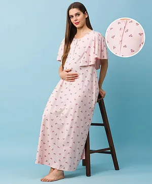 Bella Mama Half Sleeves Cotton Maternity and Nursing Nighty Printed - Pink