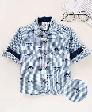 Simply Full Sleeves Checks Shirt Dino Print - Blue