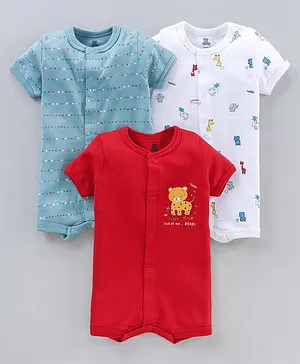 I Bears Short Sleeves Rompers Jungle Animals Print Pack of 3 - Red White Blue