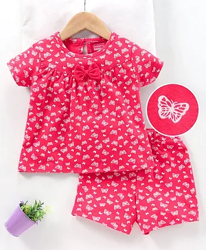 Babyhug Short Sleeves Night Suit with Bow Butterfly Print - Red
