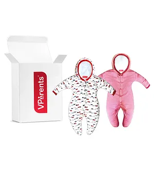 VParents Zoey Hooded Footed Rompers Pack of 2 - Red(Design May Vary)