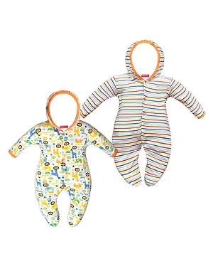 VParents Zoey Cotton Full Sleeves Hooded Footie Rompers Animal Print Pack of 2 - Yellow