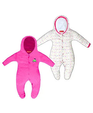 VParents Full Sleeves Hooded Footie Romper Solid And Heart Print Pack of 2 - Multicolour